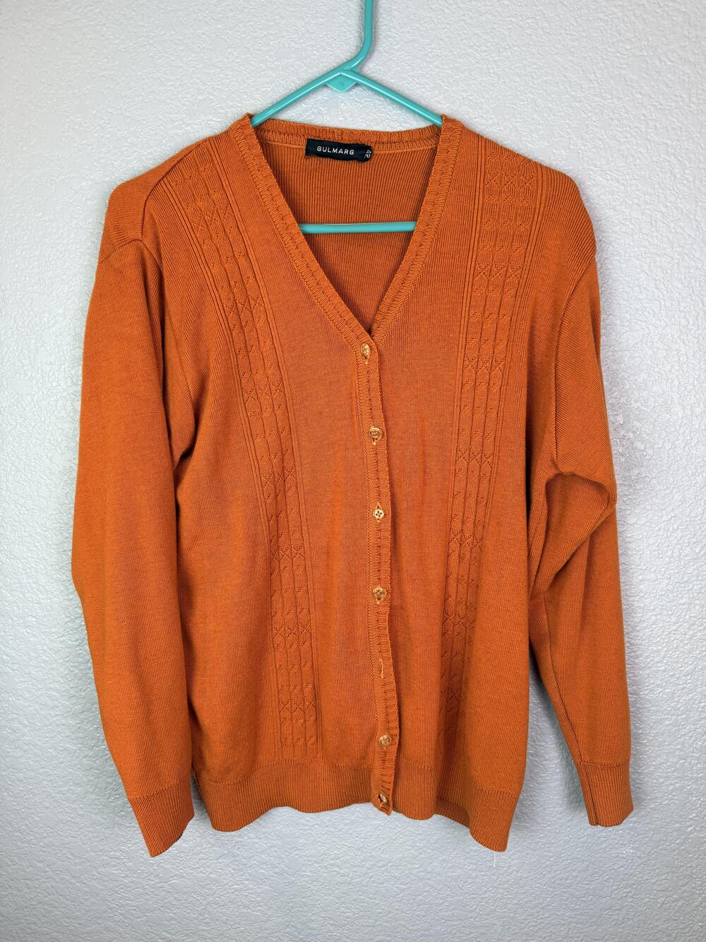 GULMARG Cardigan Sweater Womens 42 Orange Cable Knit Button Front Long Sleeve